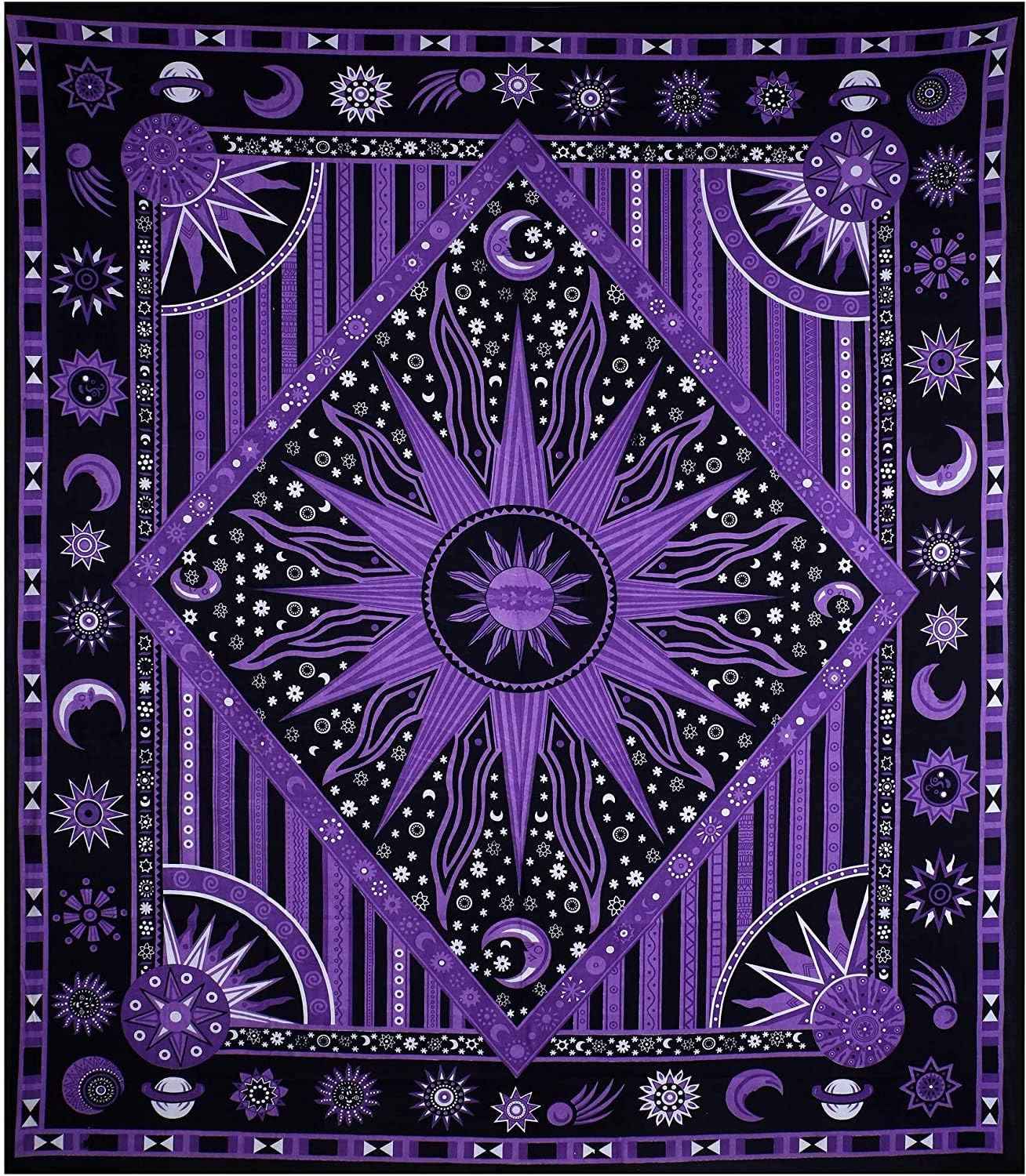 THE ART BOX Purple Mandala Celestial Tapestry – Sun and Moon Cotton Wall Hanging for Bedroom or Living Room