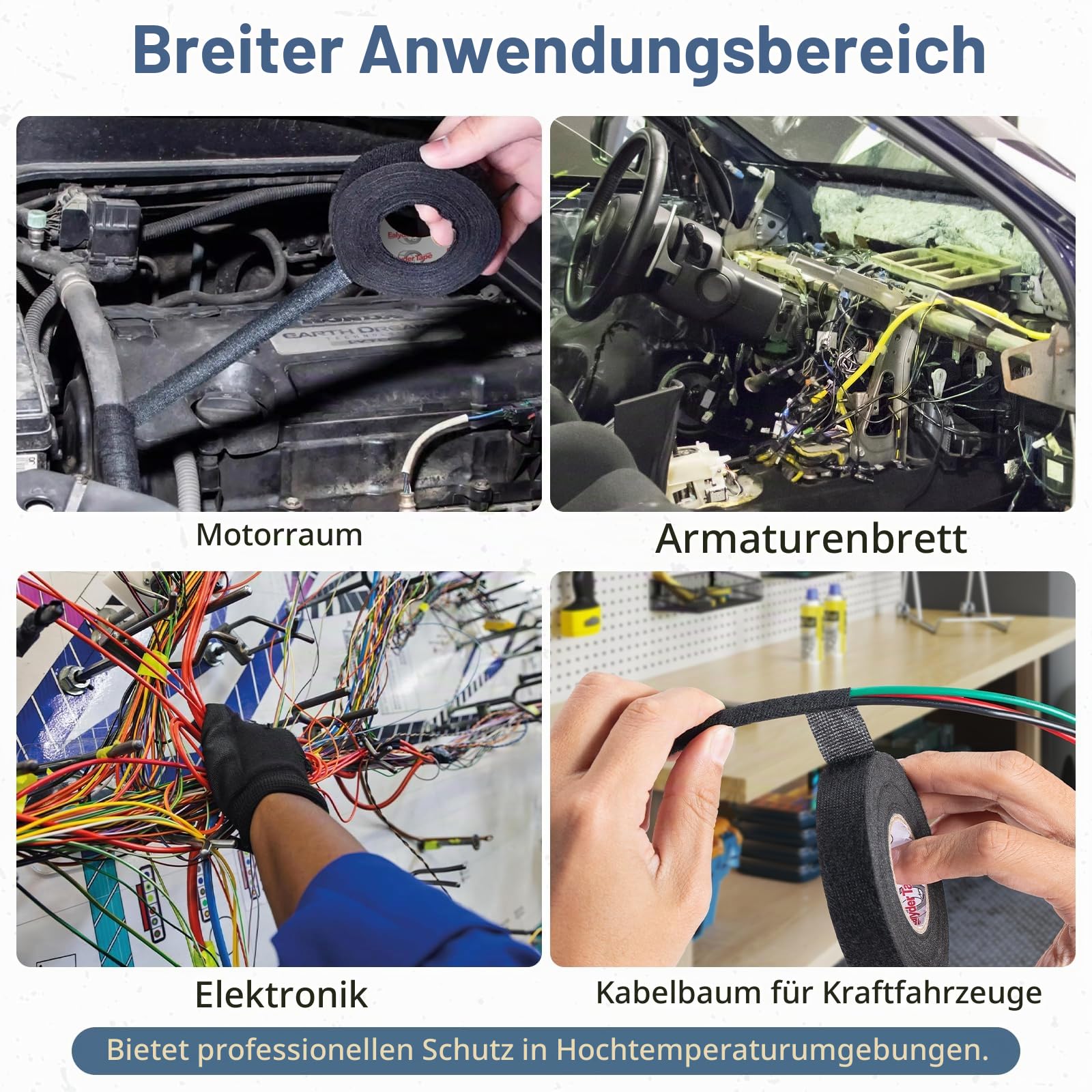 Ealyder Tape Kabelbaum Gewebeband 2 Stück 19 mm x 17 m – Hochtemperaturbeständig, Selbstklebendes Isolierband für Auto Kabelbaum, Geräuschdämmung & Kabelschutz 5
