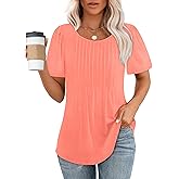 OFEEFAN Womens T Shirts Short Sleeve Pleated Dressy Casual Scooped Neck Summer Tops Blouses