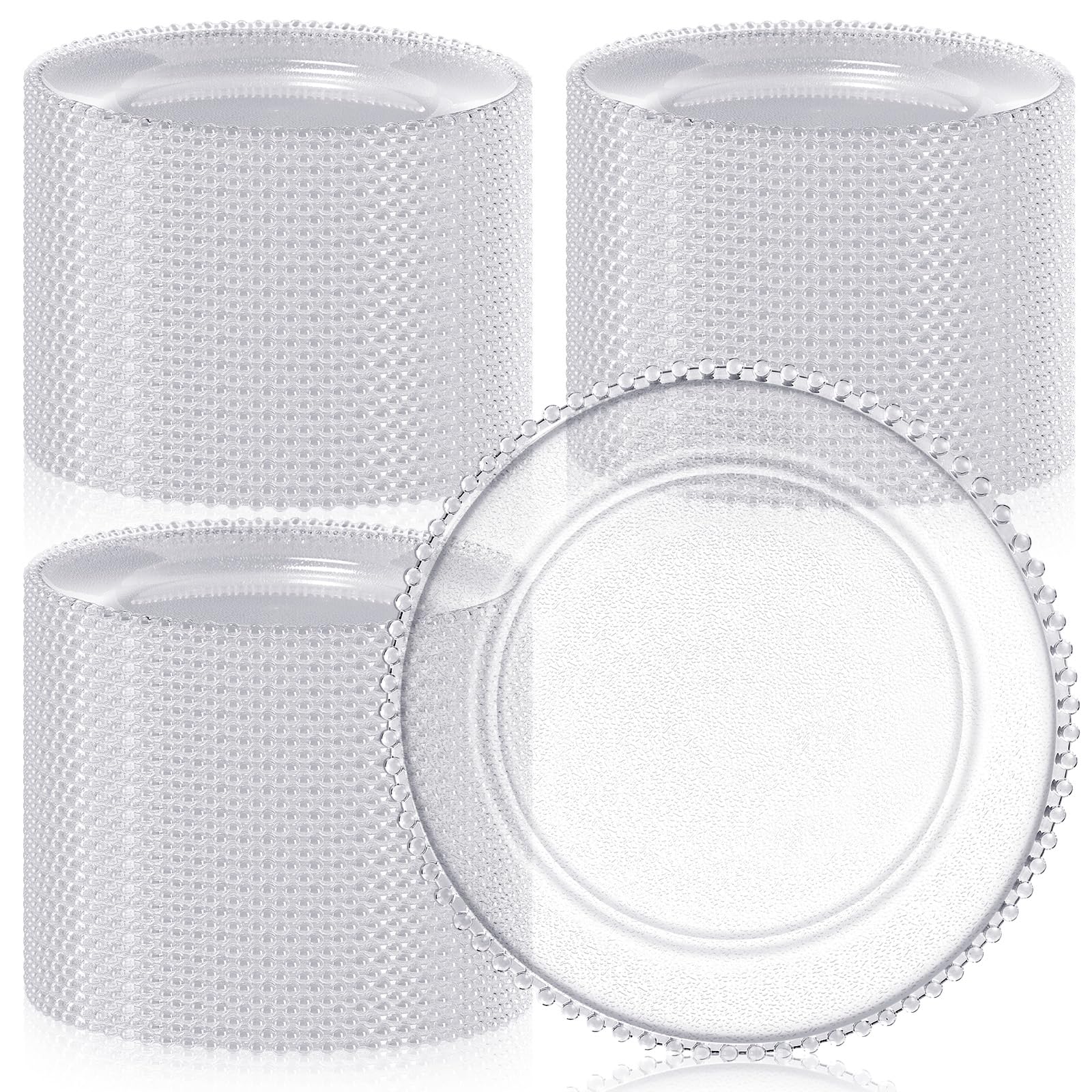 Photo 1 of *** MAJOR DAMAGE***Hoolerry 100 Pack Clear Charger Plates Bulk 13 Inch Acrylic Round Dinner Charger Plates Beaded Frosted Grain Dinner Decorative Dishes for Wedding Party Events Home Kitchen Tabletop(Clear,Beads)