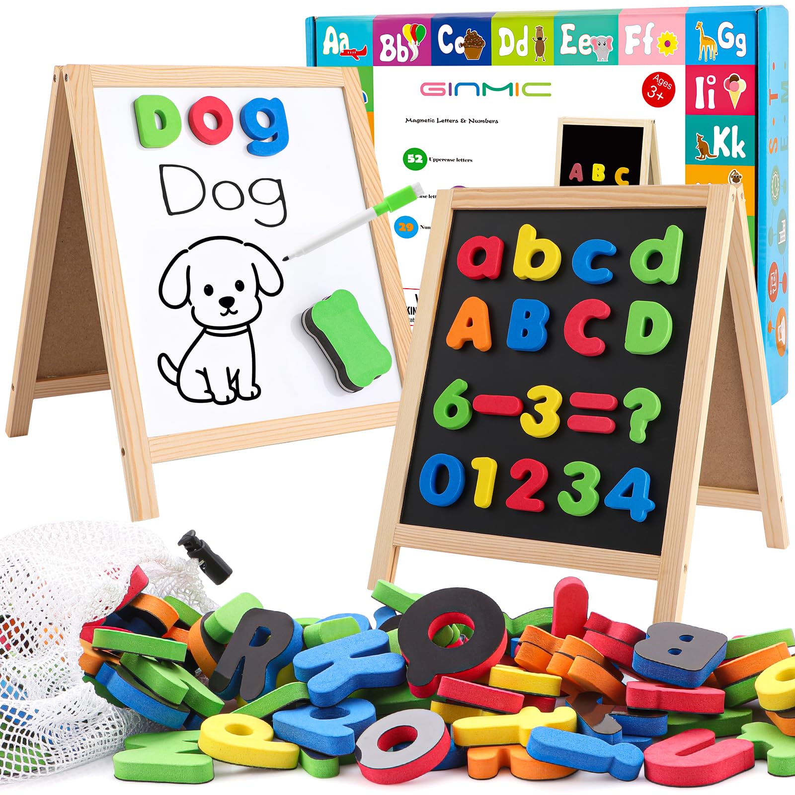 Photo 1 of GINMIC Magnetic Letters and Numbers with Magnet Board, Alphabet ABC Magnets, Learning & Educational Toys - Uppercase Lowercase Math Symbols with Magnetic Whiteboard Chalkboard for Toddlers Kids