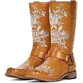 Flower Square Toe Cowboy Boots for Women Western Moto Riding Half-Boots | Floral Embroidered Retro Motoe Biker Boots with Rivet Strap Low Chunky Heel for Country Concert Music Festival