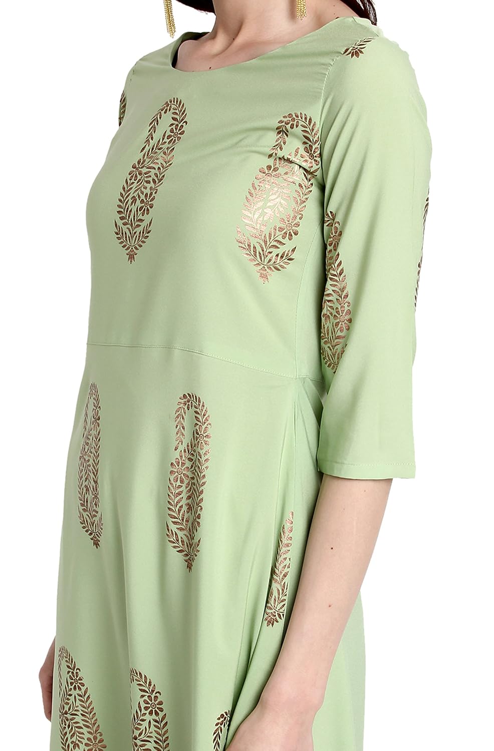 janasya women's crepe a-line gold foil print kurta