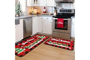 KUKLI KITCHEN Christmas Kitchen Rugs and Mats Set (2 PCS), Merry Christmas Indoor Floor Mats Red Black Buffalo Check Plaid for Winter, Xmas Door Mat Runner Rug Mat for Kitchen Home Decor (17"x47"+17"x30")