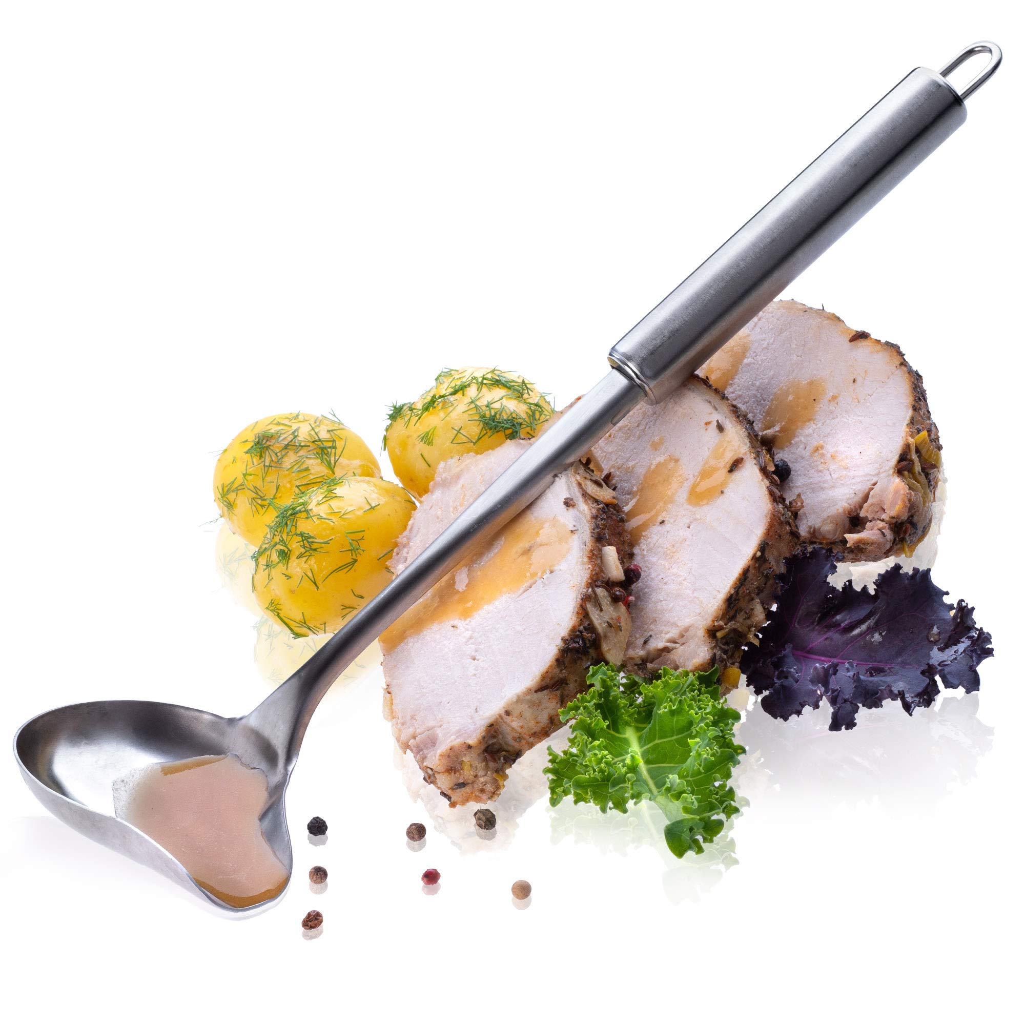 KADAX Large Sauce Ladle, Stainless Steel Serving Spoon with Pouring Spout, Silver Gravy Ladle with Oval-Shaped Bowl and Long Handle (30.5 cm)