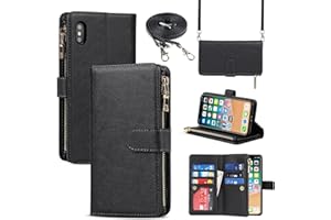 Jaorty iPhone Xs Max Phone Case Wallet for Women Men with Credit Card Holder, iPhone Xs Max Crossbody Case with Strap Shoulder Lanyard, Zipper Pocket PU Leather Cases for iPhone Xs Max,6.5" Black
