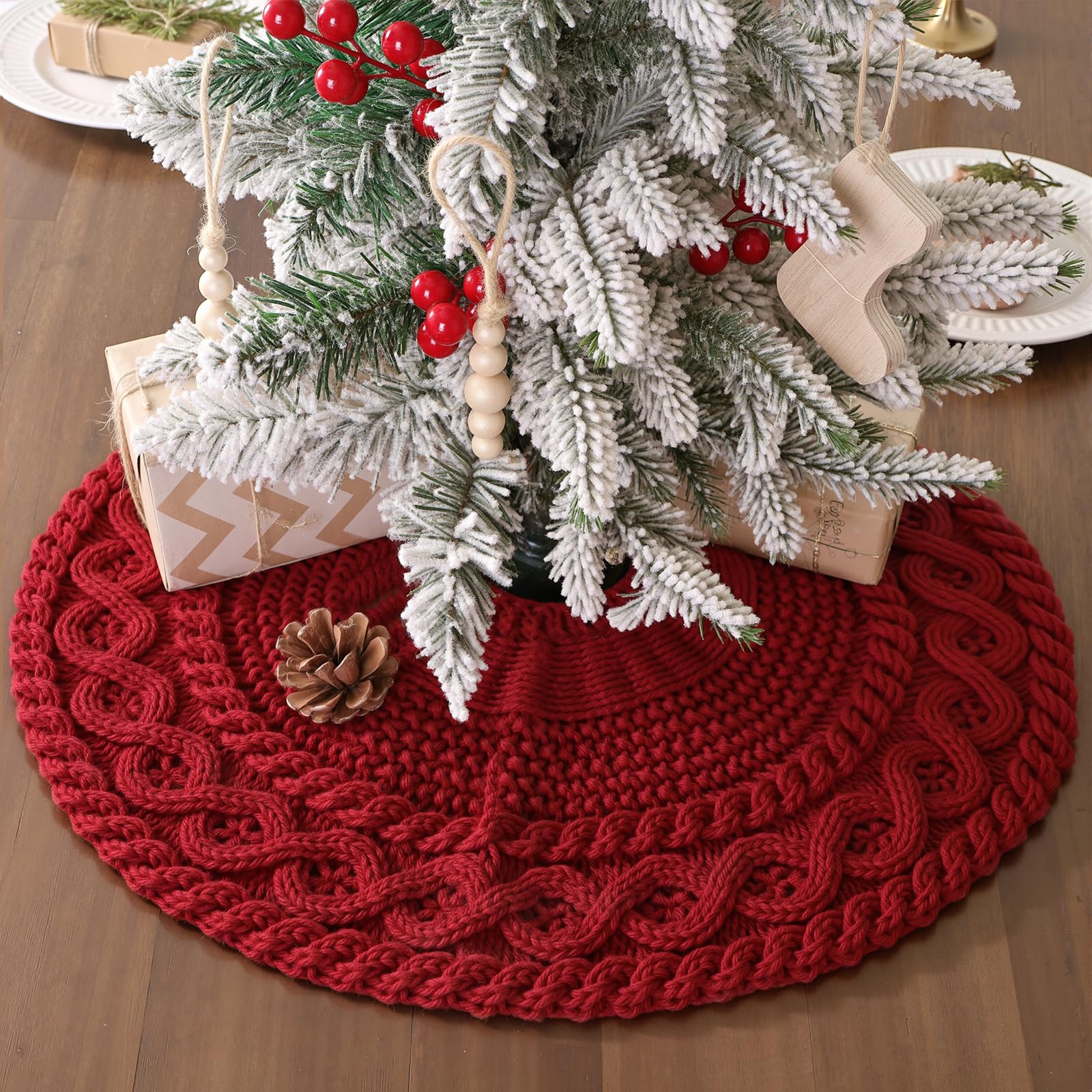 Photo 1 of 18 inch Christmas Tree Skirt: Mini Tree Skirt for Pencil Tree, Diamond Edge Knit Wine Red Tree Skirt for 3ft Tree, Vintage Tree Skirts, Rustic Farmhouse Christmas Decorations