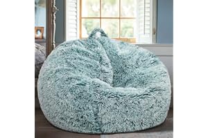 KISOY Fluffy Stuffed Animal Storage Bean Bag Chair Cover (No Filler), Faux Fur Comfy Bean Bag Cover for Organizing Plush Toys or Textile, for Adults Teens Kids Girls,Dark Green