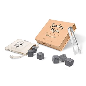 Sunday Rocks Whisky Steine aus natürlichem Basaltstein im Geschenkset – 9 Steine mit Edelstahlzange und bedrucktem Baumwollbe