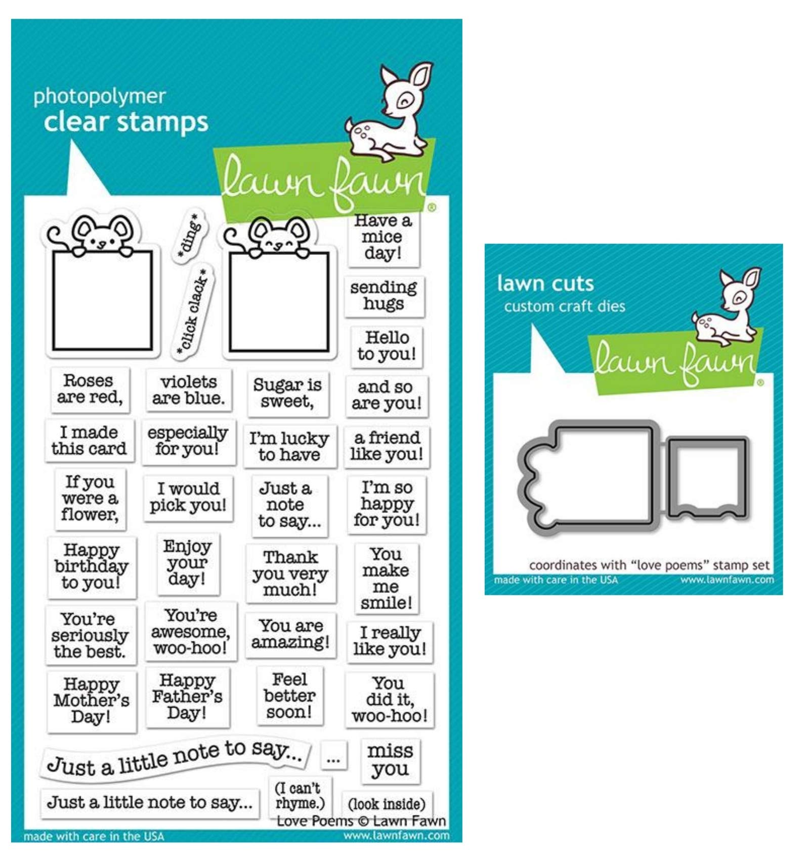 Lawn Fawn Love Poems 4x6 Ink Stamp Set, Clear Stamps and Coordinating Custom Dies (LF2167, LF2168), Bundle of 2 Items