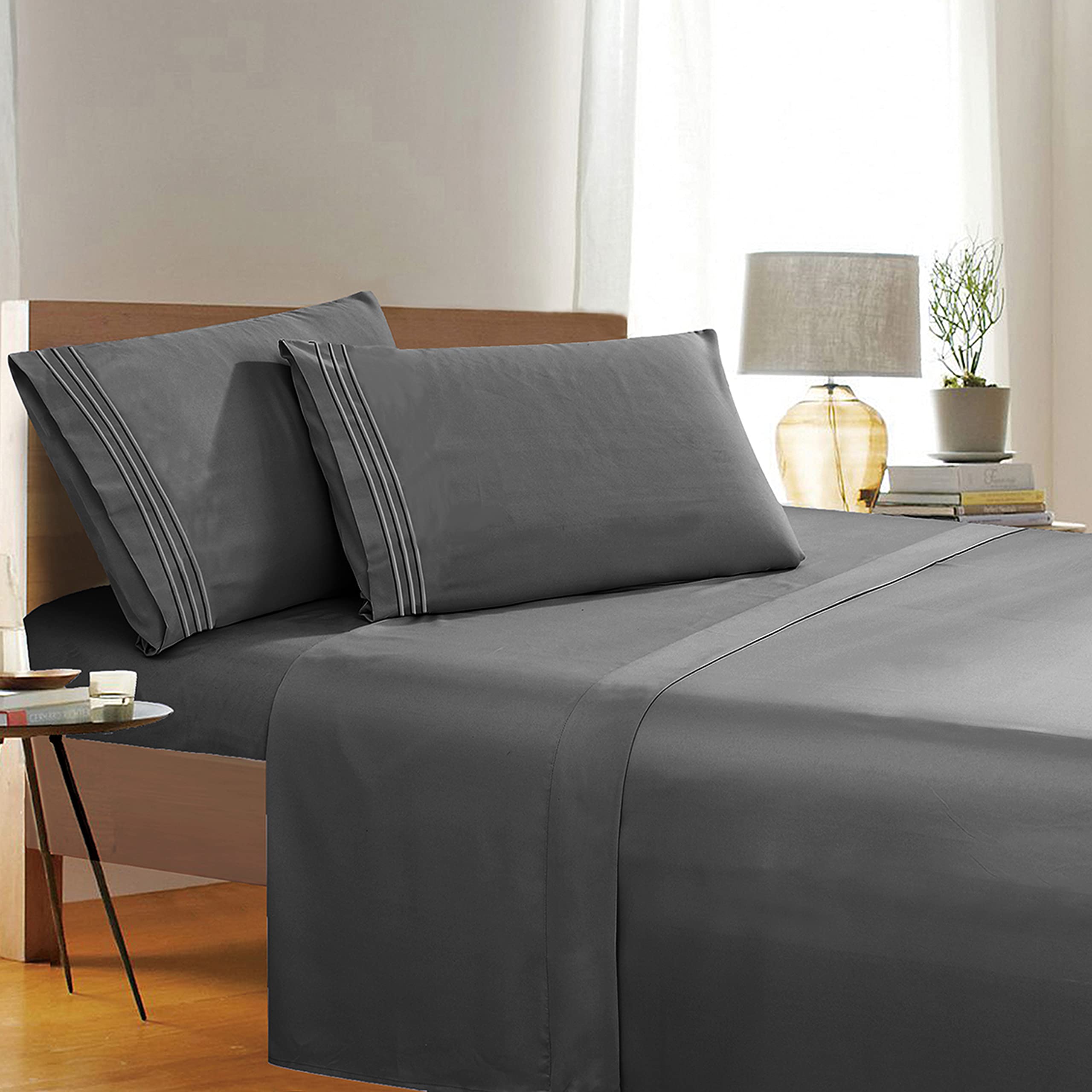 Elegant Comfort 1500 Thread Count Wrinkle & Fade Resistant Egyptian Quality 4-Piece Bed Sheet Set Ultra Soft Luxurious Set includes Flat Sheet, Fitted Sheet and 2 Pillowcases, Queen, Fashion Gray