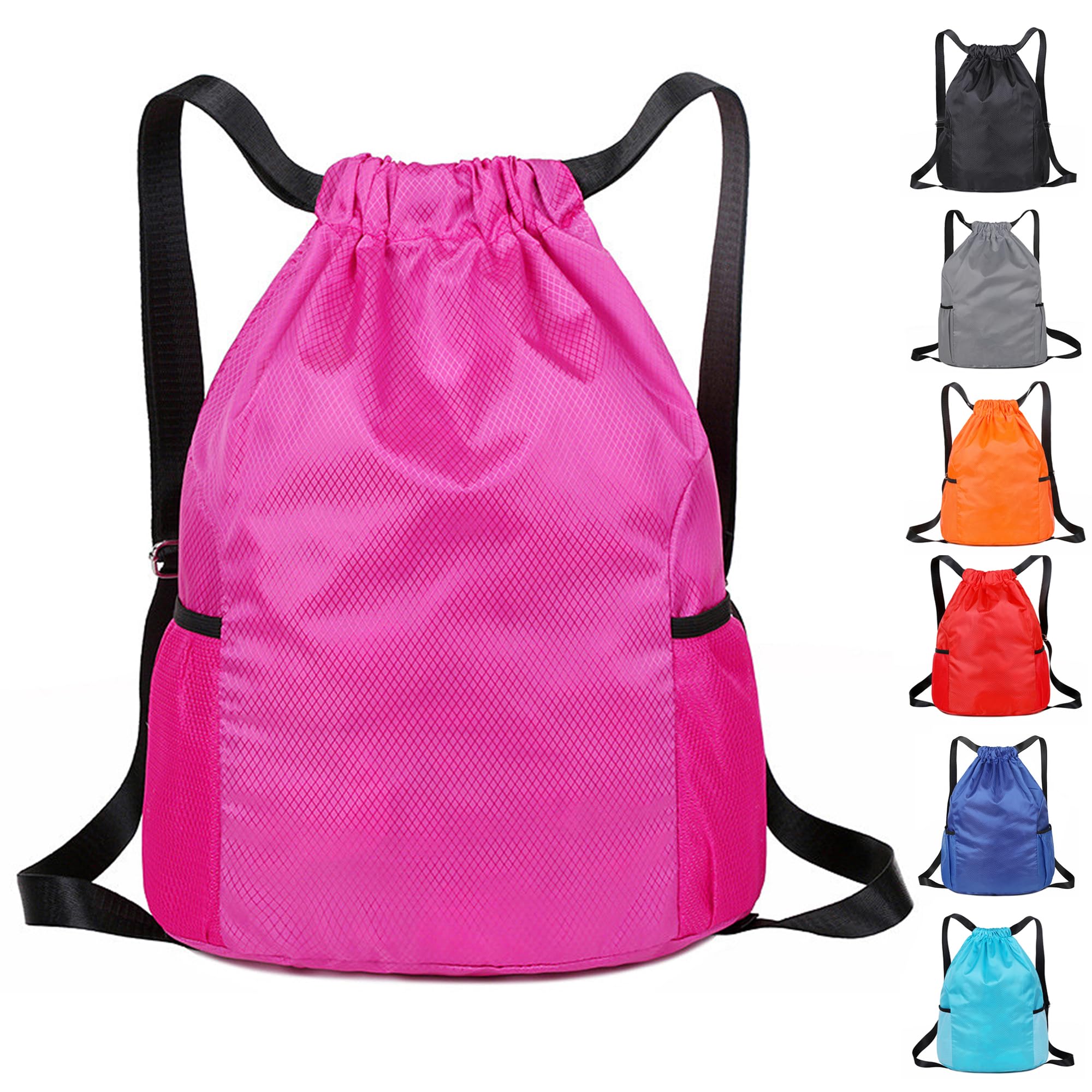 KANGSIT Drawstring Bags, Unisex Gym Sack, Swim PE Bags Drawstring Gym Bag for Kids Adults String Swimming Sports Bag for School Sports Swimming Gym Travel (Rose red)