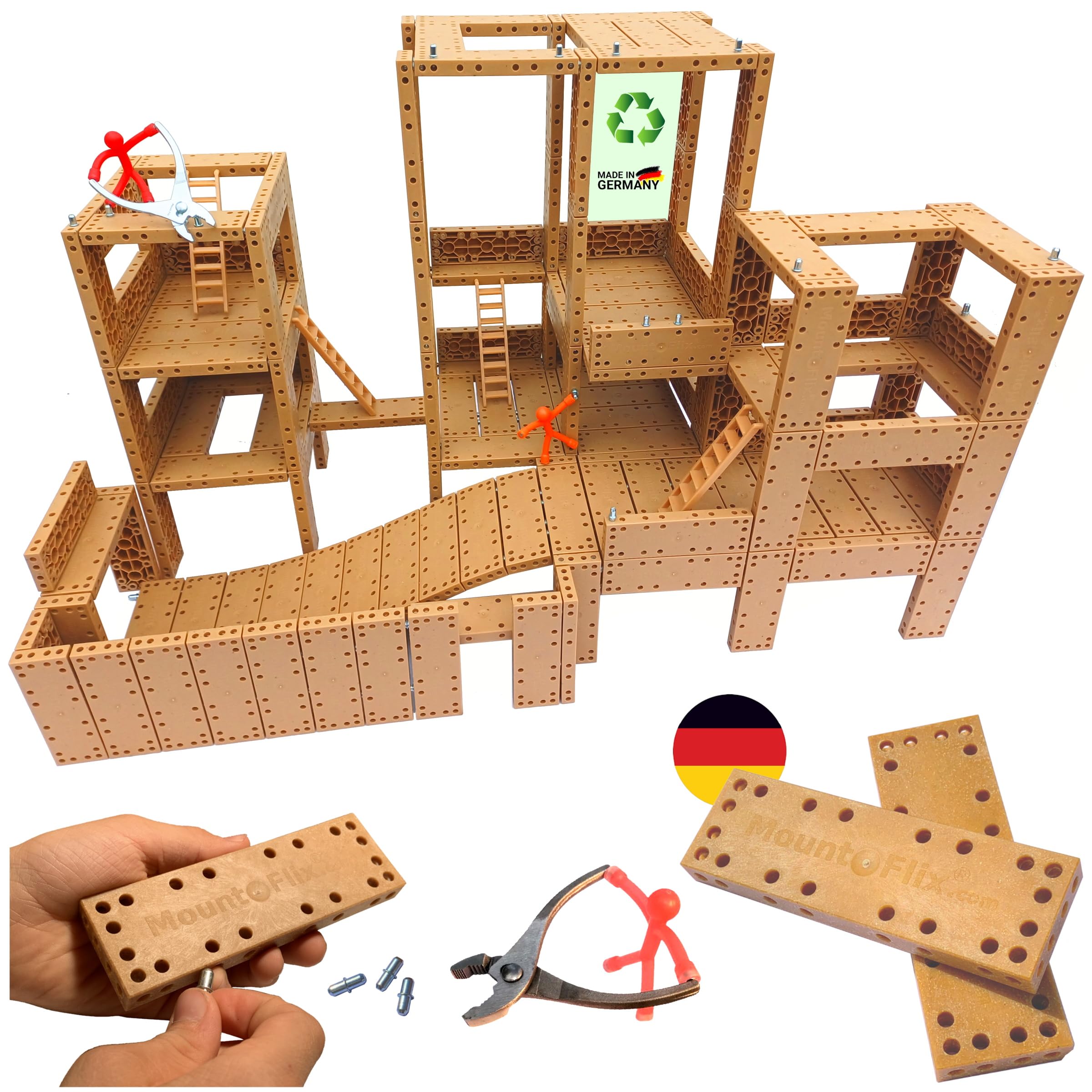 Mount-Flix Konstruktionsspielzeug 160 Flexible Bausteine ab 5 Jahre, Baukasten Lernspielzeug für Jungen Mädchen, Steckspiel inkl. Zange, Made in Germany, nachhaltiges Kreativspielzeug
