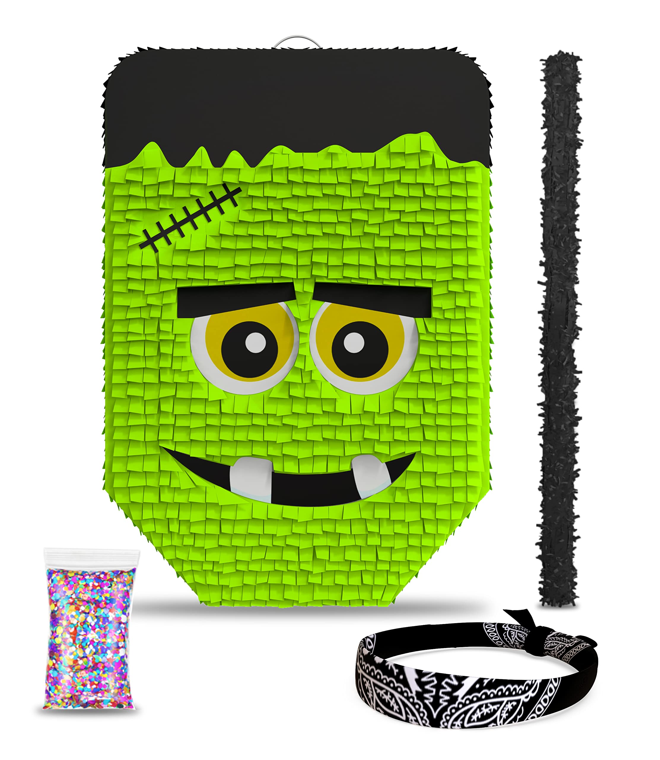 Cute Frankenstein Halloween Piñata 3-piece Bundle for kids and adults, fits 2lbs of candy, perfect for Halloween party, spooky decorations, October birthday and party supplies