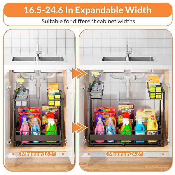 LAYZZI-WAYT EXPANDABLE UNDER SINK ORGANIZER WITH 5-LEVEL HEIGHT ADJUSTMENT,2 TIER UNDER SINK ORGANIZER PULL-OUT UNDER SINK DRAWERS CABINET ORGANIZER FOR KITCHEN & BATHROOM STORAGE,BLACK,LARGE