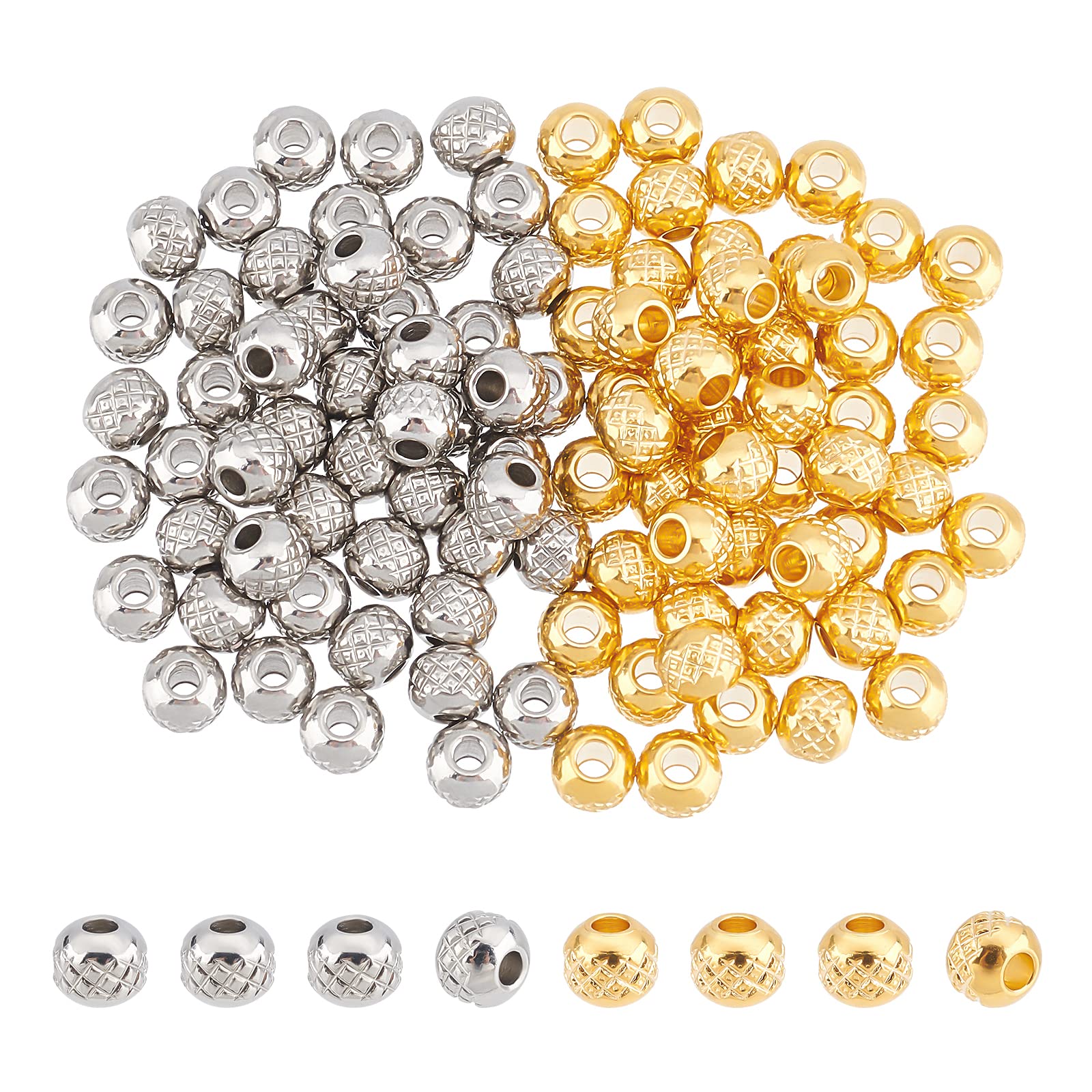 UNICRAFTALE About 100pcs Spacer Beads 2 Colors Round Textured Spacer Beads 304 Stainless Steel Loose Beads Hypoallergenic Metal Stripe Bead Spacer for DIY Bracelet Necklace Jewelry Making