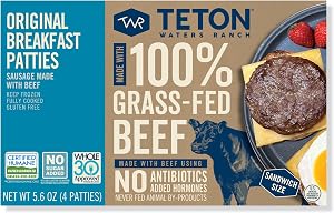 Teton Waters Ranch Breakfast Sausage Patties, 100% Grass-Fed Beef, Fully Cooked, Frozen Beef Breakfast Patties, No Sugar, No 