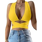 Kaximil Women's Sexy Sleeveless Halter Criss Cross Cami Lace Up Self Tie Tank Crop Tops