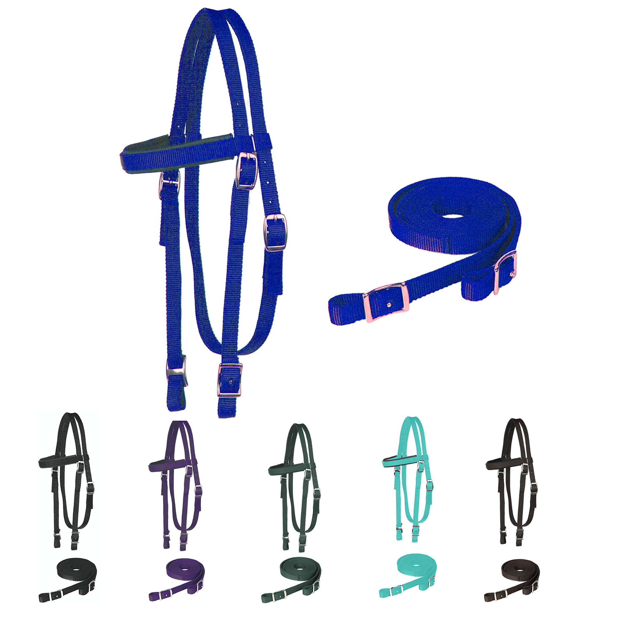 Majestic Ally Nylon Padded Browband Headstall with Reins for Horses (Royal Blue, Full)