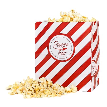 popcornloop Popcorntüten Original 25 Stück Vorteilspack Rot-Weiß Gestreift Papier 5x5 Stück Insgesamt 25 Tüten Größe M