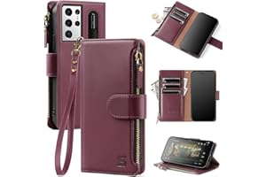 Shieldtop for Samsung Galaxy S21 Ultra 5G Wallet Case,Galaxy S21 Ultra Phone Case PU Leather Flip Folio Protective Cover Zipper Pocket Credit Card Slots Holder RFID Blocking,for Women Men,Wine Red