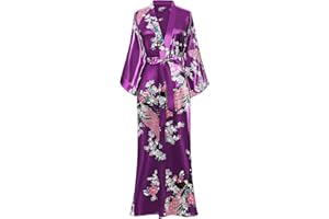 BABEYOND Women's Kimono Robe Long Robes with Peacock and Blossoms Printed Kimono Nightgown 53 inches Long