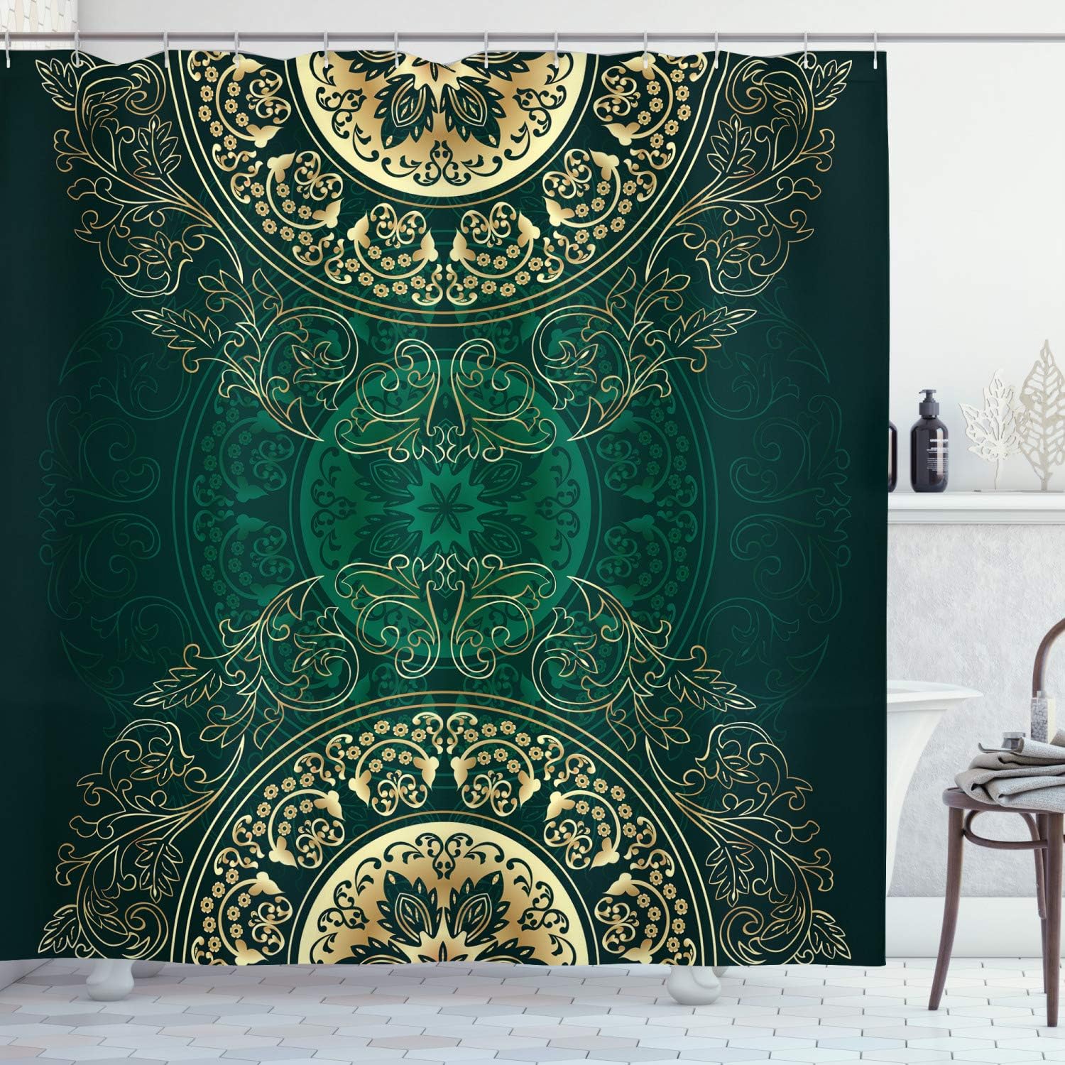 Lunarable Hunter Green Shower Curtain, Retro Oriental Mandala Style Floral Circle Antique Swirls Pattern, Cloth Fabric Bathroom Decor Set with Hooks, 75