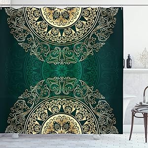 Lunarable Hunter Green Shower Curtain, Retro Oriental Mandala Style Floral Circle Antique Swirls Pattern, Cloth Fabric Bathroom Decor Set with Hooks, 75