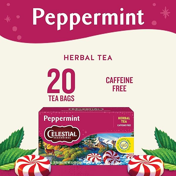 CELESTIAL SEASONINGS PEPPERMINT HERBAL TEA, CAFFEINE FREE, 20 TEA BAGS BOX (PACK OF 6)