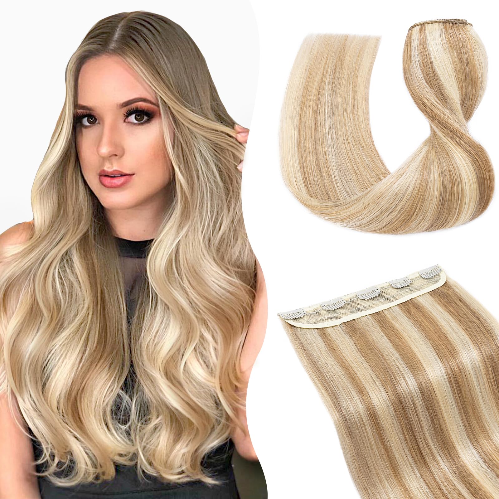 TESS Clip In Hair Extension 14 Inch,Hair Extensions Real Human Hair One Peice 5 Clips Straight Natural Hairpieces for Womens/Girls(#12/613 Golden Brown & Bleach Blonde,14Inch)
