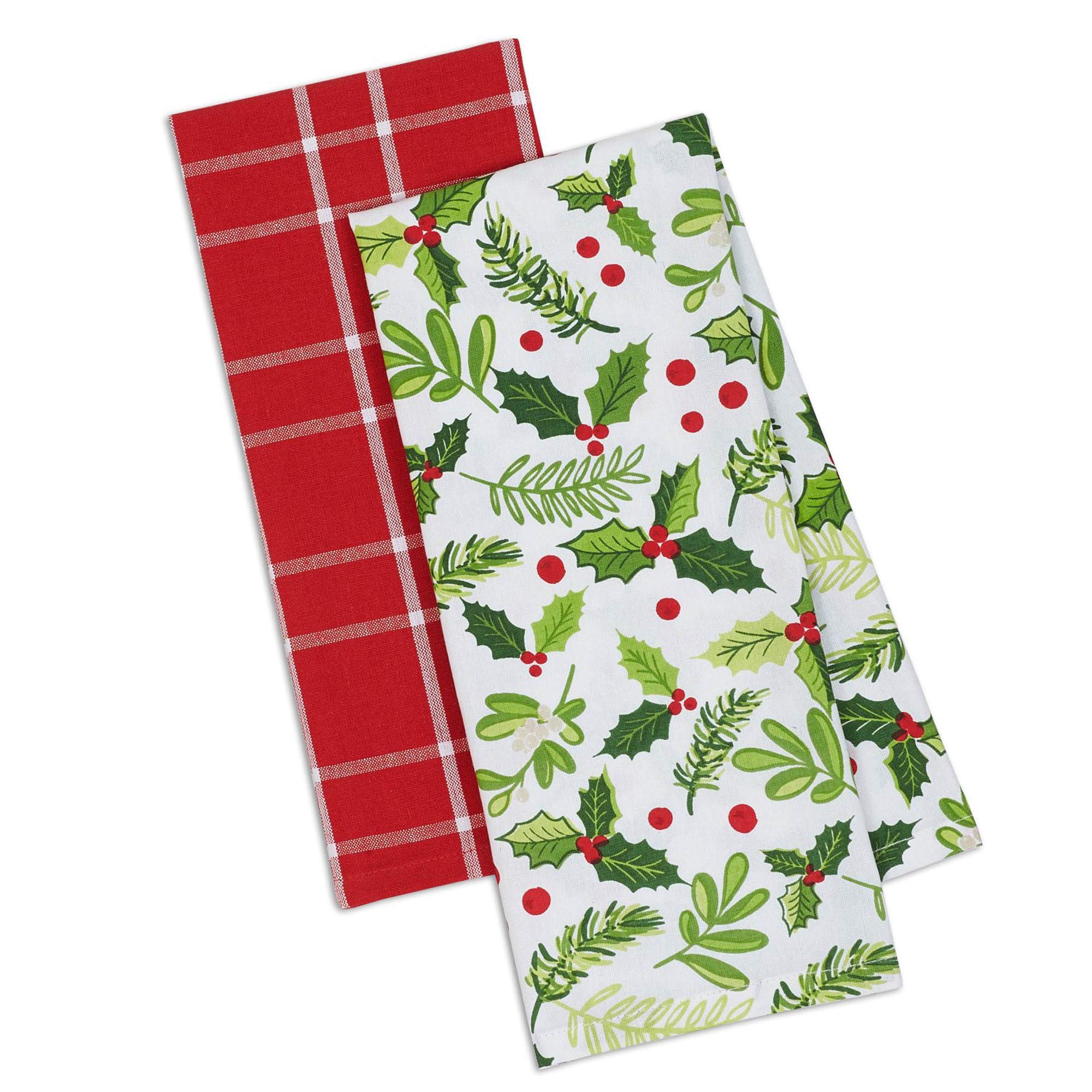 DII Floral Tea Towels for Baking, Cleaning, Entertaining & Cooking, Cotton, Boughs of Holly, 18x28