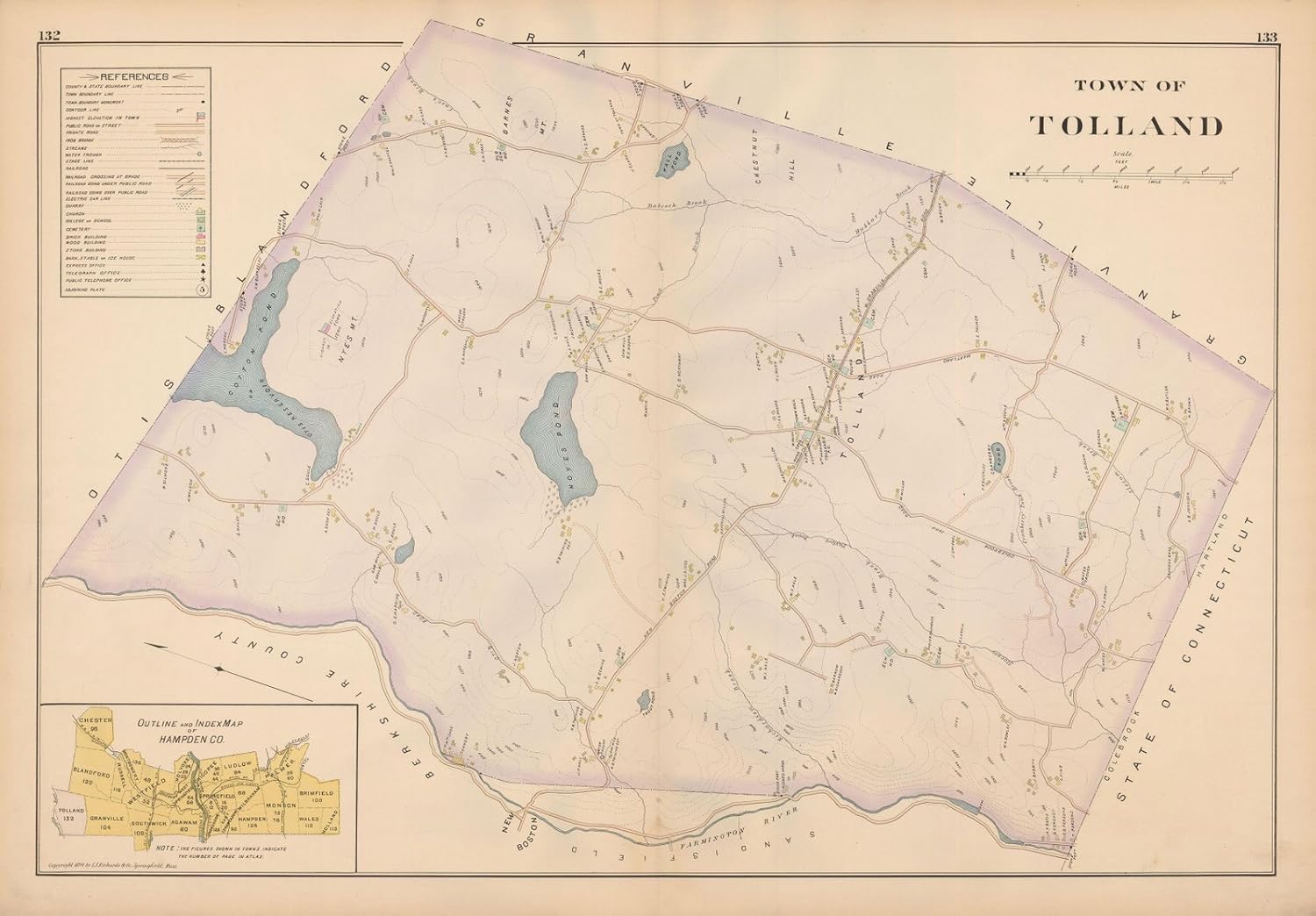Atlas Hampden County, Massachusetts, Tolland 1894 24in x 18in Historic