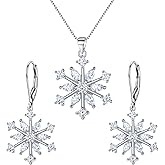 EVER FAITH Snowflake Jewerly Sets Sterling Silver Winter Accessory Sparkle Zircon Flower Necklace Leverback Earrings Set