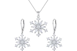 EVER FAITH Snowflake Jewerly Sets Sterling Silver Winter Accessory Sparkle Zircon Flower Necklace Leverback Earrings Set
