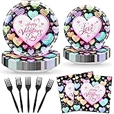 Avezano 96 pcs Valentines Plates and Napkins Disposable Happy Valentine's Day Paper Plates Conversation Hearts Tableware Serve 24, Black