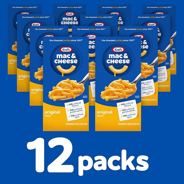 KRAFT MAC AND CHEESE, 12 BOXES, FOR EASY DINNER OR DINNER SIDES, ORIGINAL FLAVOR, NO ARTIFICIAL FLAVORS, PRESERVATIVES OR DYES, 7.25 OZ