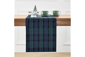 Solino Home Linen Table Runner 72 Inches Long - 100% Pure Linen Blackwatch Blue and Green Plaid Table Runner 14 x 72 Inch for Dresser, Dining, Xmas, Christmas, Holiday