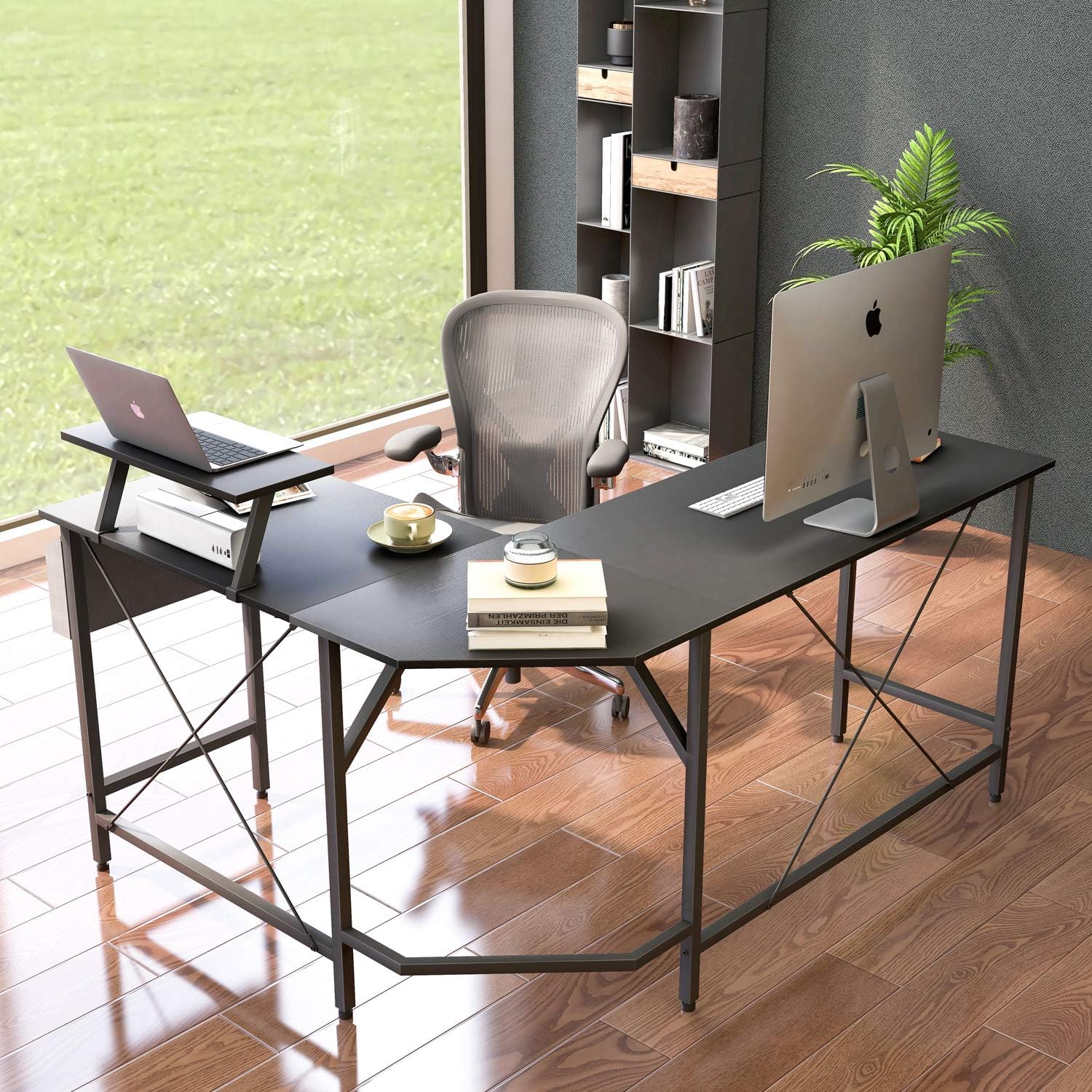 Cubiker Modern L-Shaped Computer Office Desk, Corner Gaming Desk with Monitor Stand, Home Office Study Writing Table Workstation for Small Spaces: Kitchen & Dining
