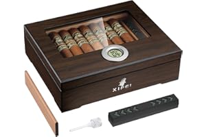 XIFEI Cigar Humidor with Digital Hygrometer, Humidifier, Glass Top Desktop Humidor Box with Divider, Spanish Cedar Wood, Premium Storage Box for 20-35 Cigars, Ideal Gift for Cigar Lovers