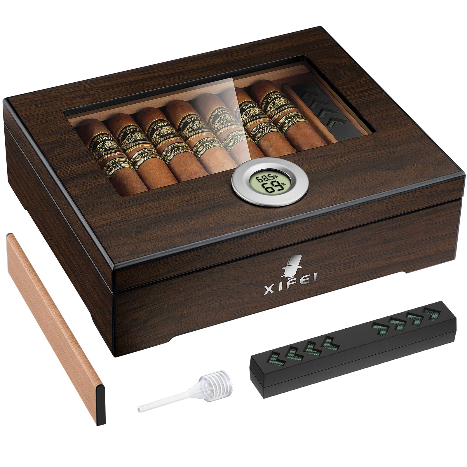 Photo 1 of XIFEI Cigar Humidor with Digital Hygrometer, Humidifier, Glass Top Desktop Humidor Box with Divider, Spanish Cedar Wood, Premium Storage Box for 20-35 Cigars, Ideal Gift for Cigar Lovers
