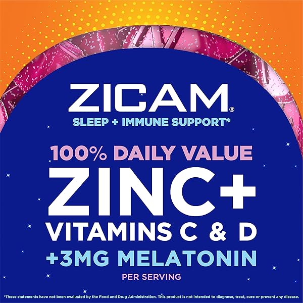 ZICAM SLEEP + IMMUNE SUPPORT. ZINC, GUMMY SUPPLEMENT, BLACKBERRY LAVENDER FLAVOR, VITAMIN C AND VITAMIN D, 3MG MELATONIN PER SERVING, 70 COUNT