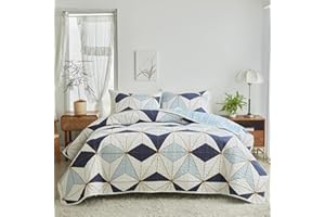 Flysheep 2-Piece Quilt Set Twin Size for Kids, Modern Colorful Geometric Patchwork Style Bedspread/Coverlet, Navy Blue n Beige Triangles on White, Brushed Microfiber for All Season