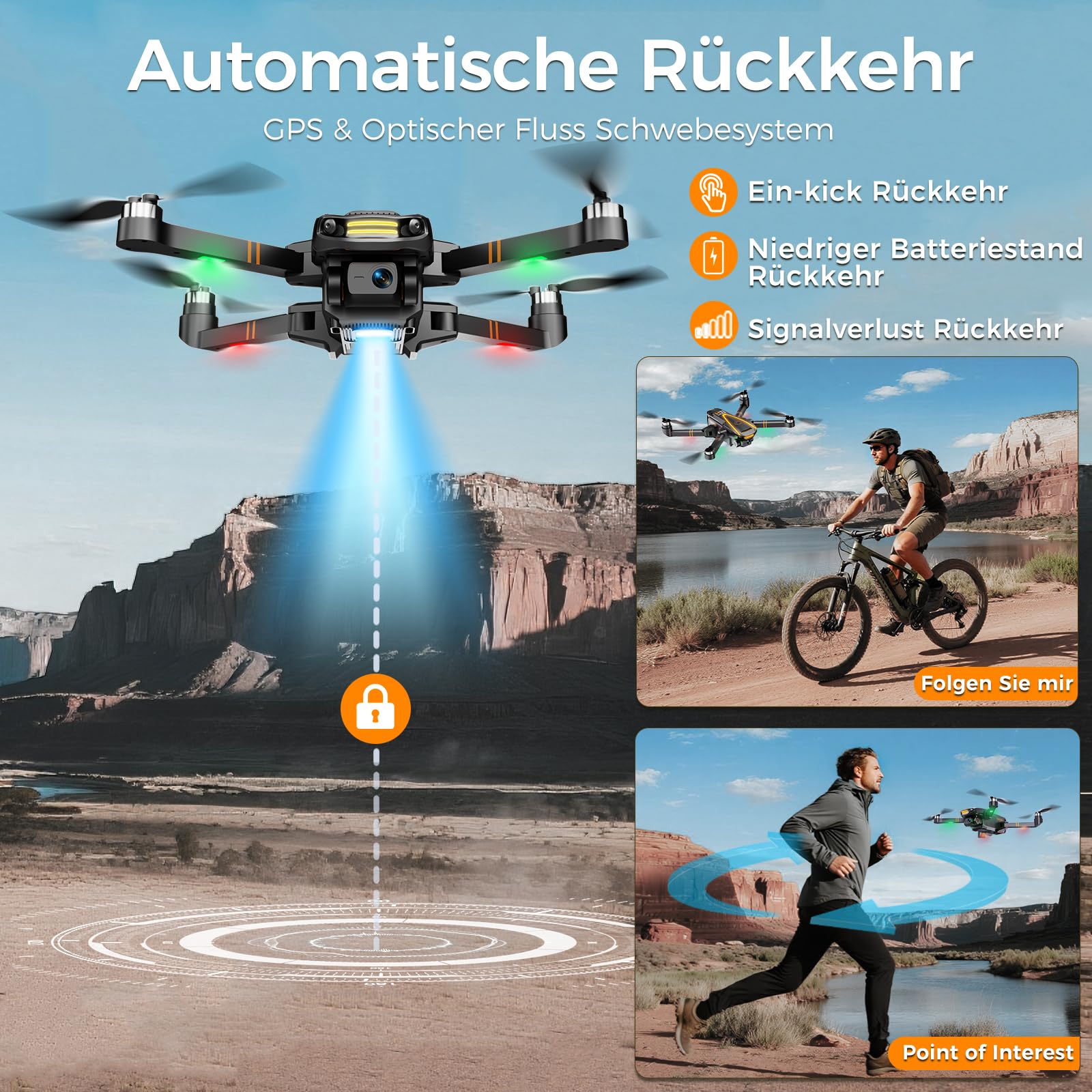 GPS Drohne mit kamera 4K für Erwachsene und Kinder (Bildschirmfernsteuerung)Drone die dir folgt,Zwei Intelligente Akkus,2 Stück Batterien Lange Flugzeit,Auto Rückkehr,Bürstenloser Motor,Unter 249g,C0 3