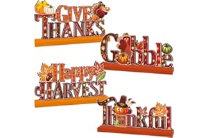 CHYAGCLT 4Pcs Thanksgiving Decorations Wooden Table Centerpieces Thanksgiving Table Decorations Pumpkin Turkey Maple Leaf Table Signs for Autumn Harvest Give Thanks Party Decor