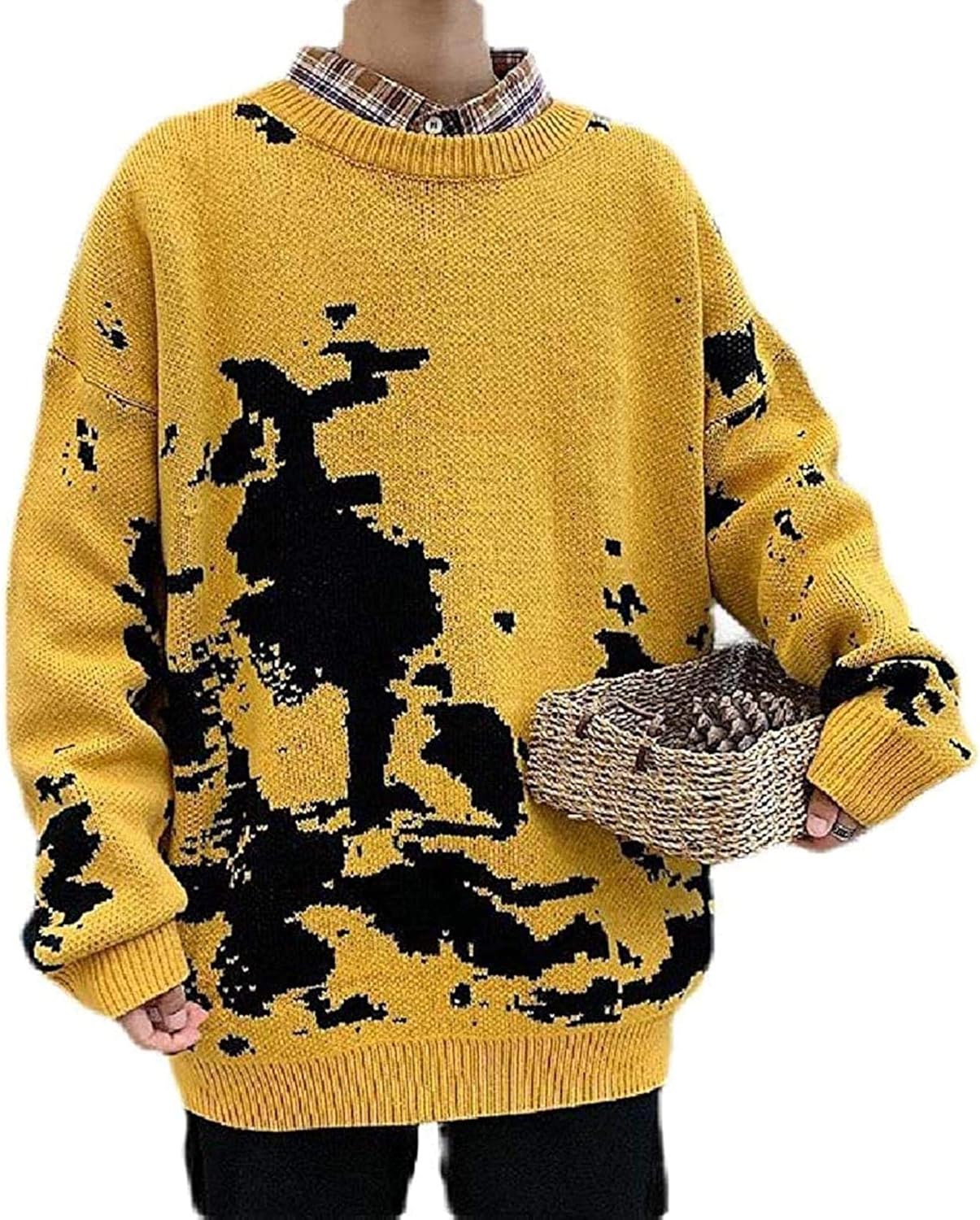 Winodfrw Mens Tie Dyed Pullover Knit Casual Loose Fit Crew Neck Sweater