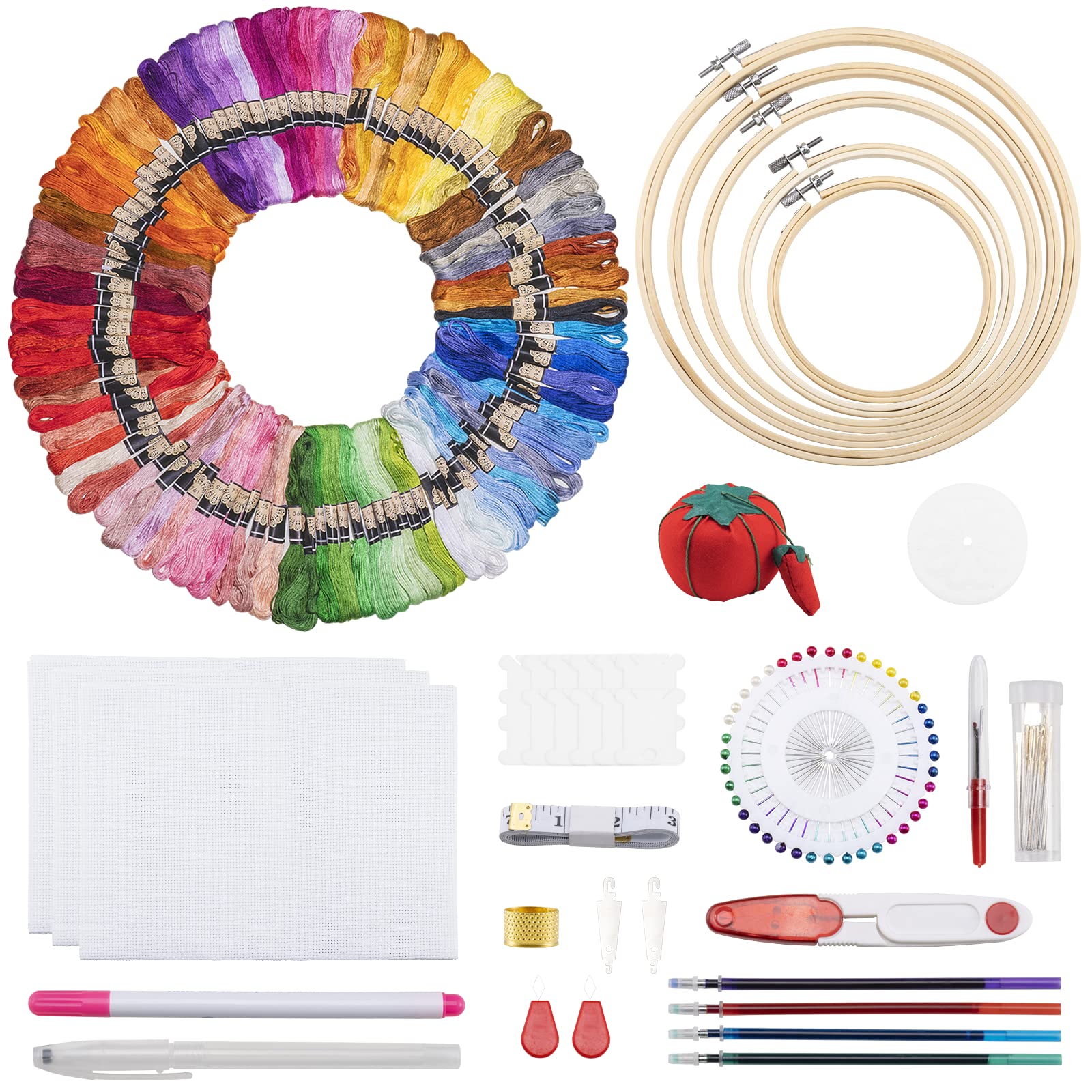 Noa Home Deco Embroidery Kit, 100 Colours, 5 Bamboo Hoops, 3 Fabric Pieces, Adults Beginners