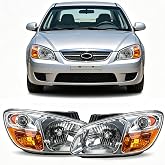 AngyMeck 2PCS Halogen Headlight Assembly Chrome Housing Clear Lens Headlamp Compatible With 2007 2008 2009 Kia Spectra Left And Right Side 921012F530 921022F530