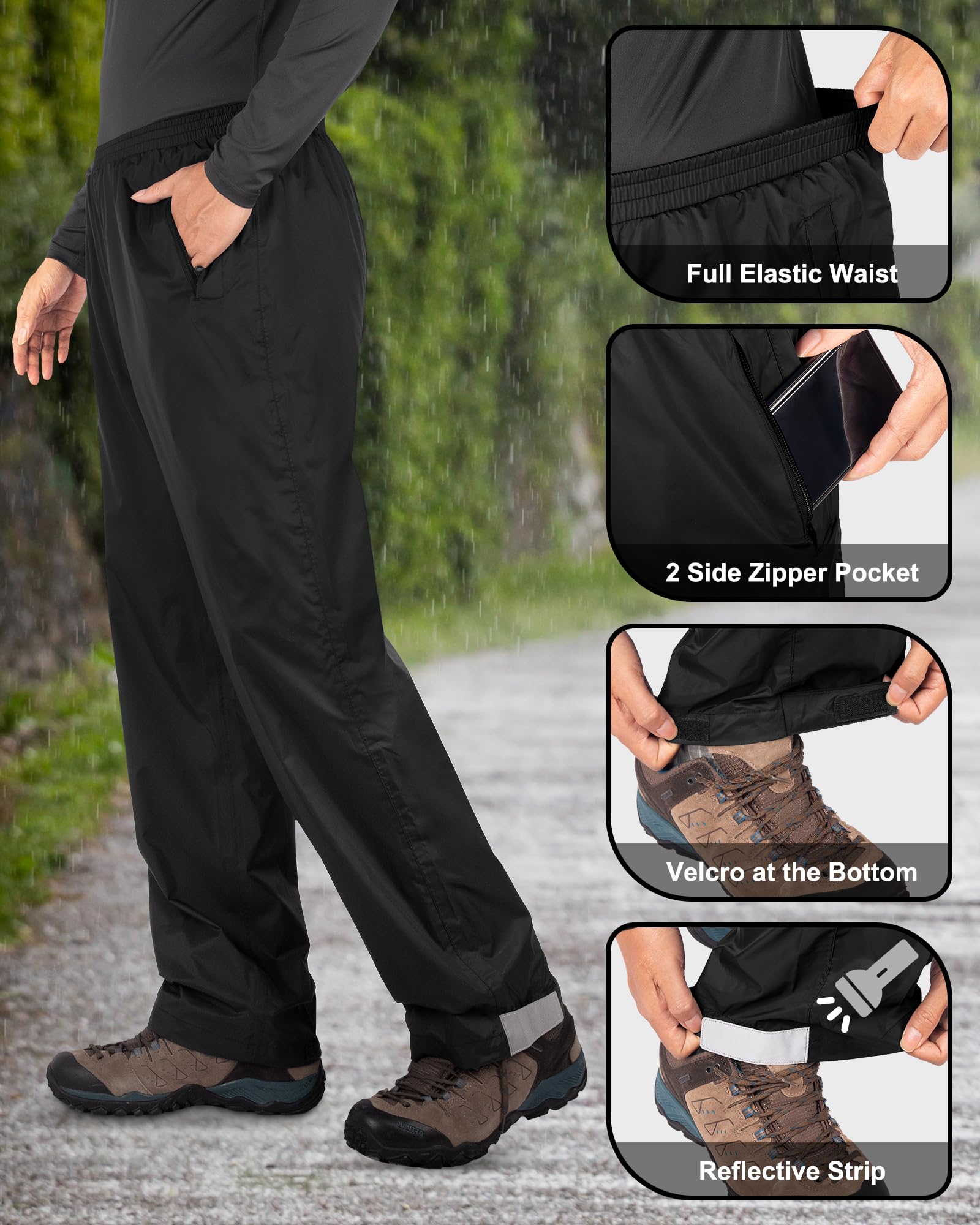 33,000ft Packbare Regenhose Herren Wasserdicht Leichte Fahrrad Überziehhose Winddicht Reflektierende Wanderhose zum Golf Outdoor Angeln Schwarz M 4