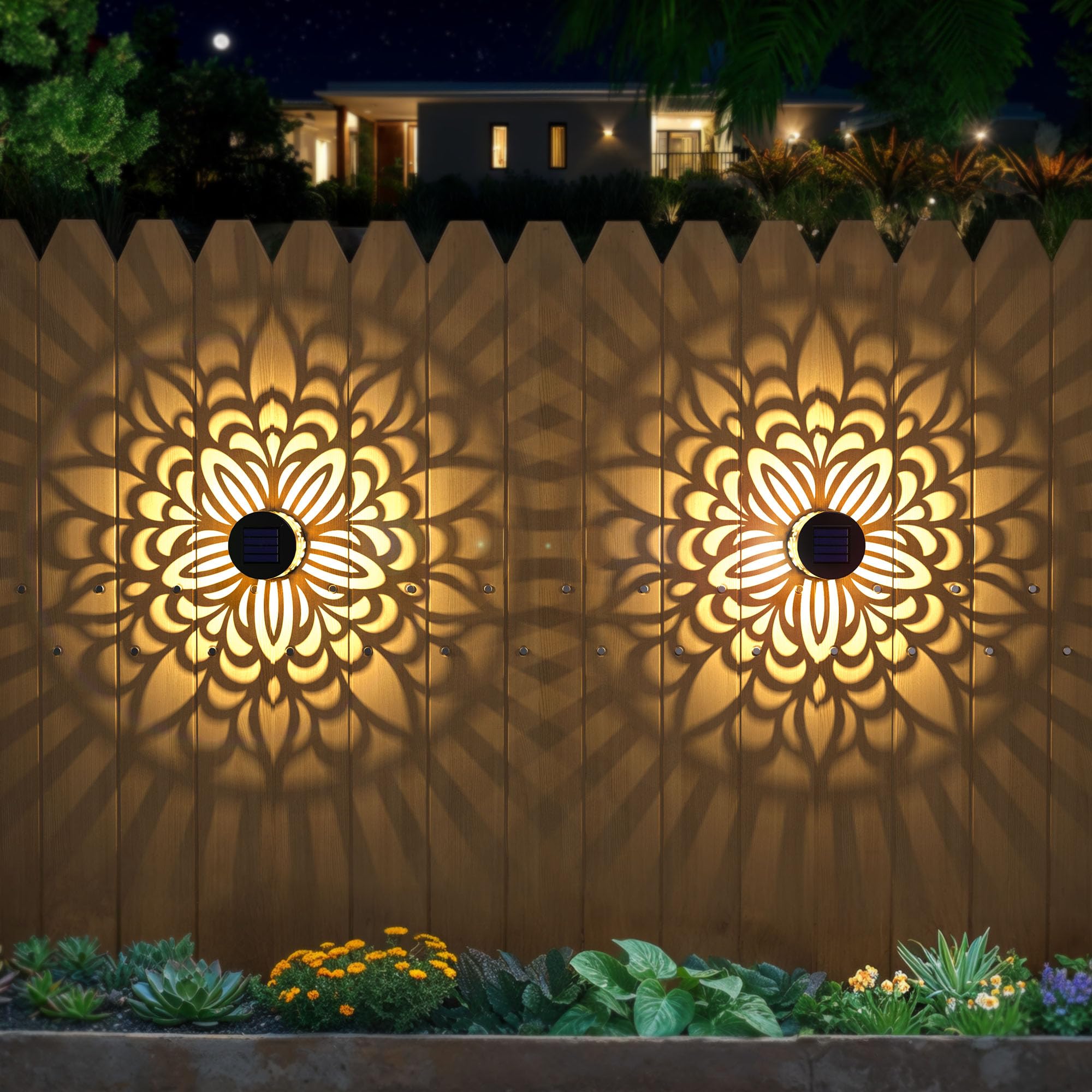 Photo 1 of 2 Pack Solar Fence Lights Metal Solar Powered Outdoor Wall Deck Step Lights Mandala Theme Waterproof Fence Light for Garden Post Patio Backyard Yard Decor, Gardening Gifts for Women Mom Grandma