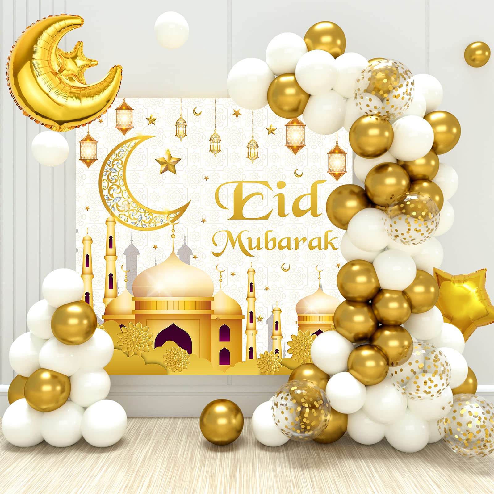 EID Mubarak Decorations for Home, 74 White and Gold Balloons Arch Garland Kit with Moon Star Balloons Eid Mubarak Backdrop Banner for Ramadan Decorations, 2026 Eid Party Decoration, Islamic Decoration
